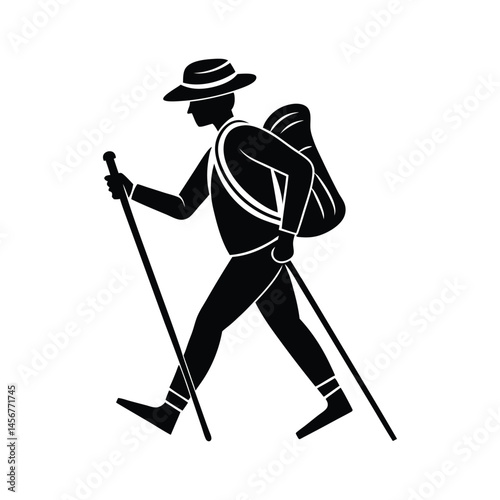 This black and white silhouette depicts a person hiking, equipped with trekking poles and a backpack.