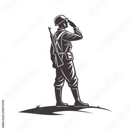 A bold, black and white silhouette of a soldier in uniform, saluting.