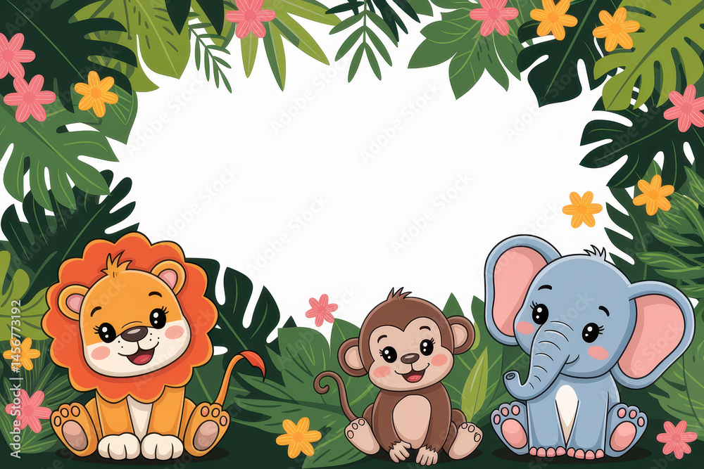 Naklejka premium Cute jungle animals frame with lion, monkey, and elephant surrounded by tropical leaves