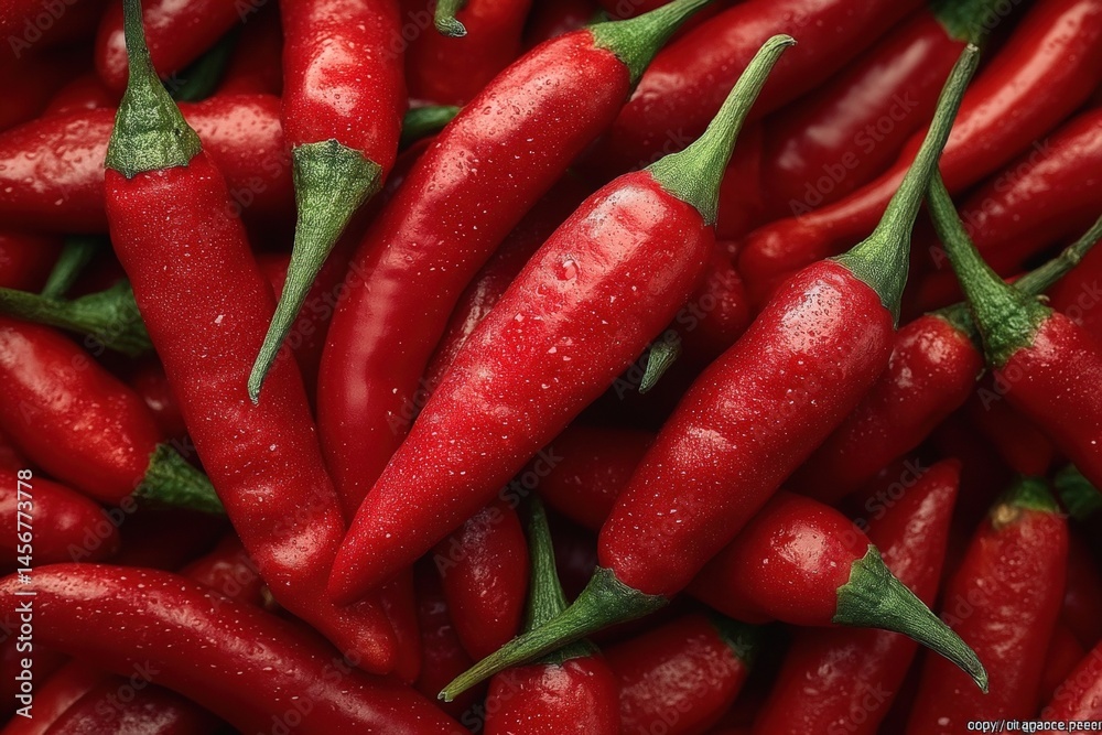A pile of fresh red chili peppers with green stems, showcasing their vibrant color and texture.
