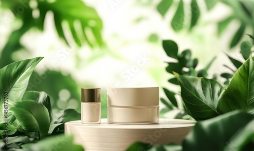 Elegant Skincare Products on Wooden Stand Surrounded by Greenery