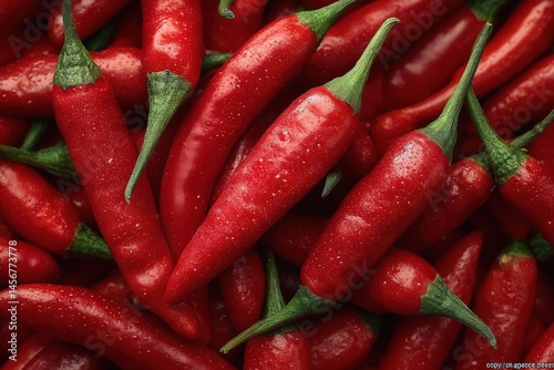 Obraz na płótnie A pile of fresh red chili peppers with green stems, showcasing their vibrant color and texture. w salonie