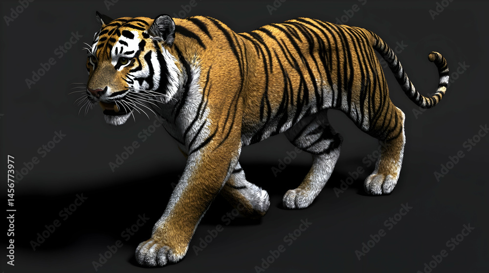 Obraz premium Powerful tiger in motion, showcasing intricate stripes and fur texture against a dark backdrop. Detailed digital rendering of a walking tiger