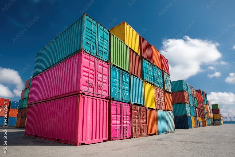 Stacks of colorful shipping containers are arranged at an outdoor port under a bright blue sky with scattered clouds.