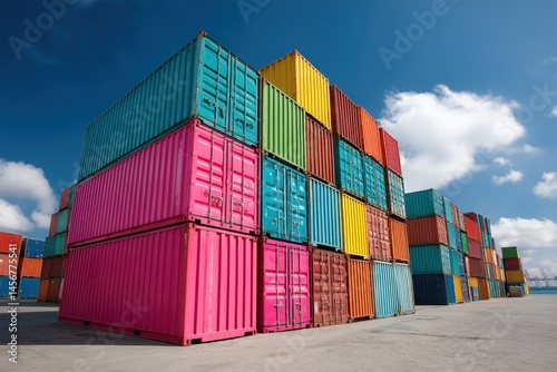 Obraz na płótnie Stacks of colorful shipping containers are arranged at an outdoor port under a bright blue sky with scattered clouds. w salonie
