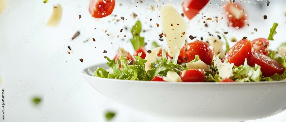 Fresh salad ingredients falling into bowl close up studio shot healthy eating concept food photography bright background