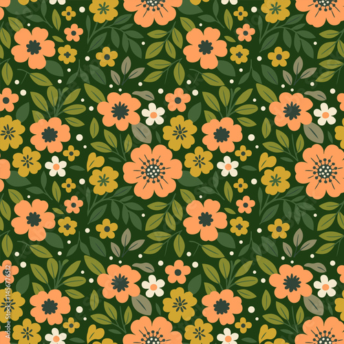 Floral Pattern with Colorful Flowers and Leaves