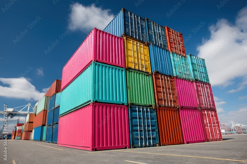 Stacked colorful shipping containers at a port under a clear blue sky.