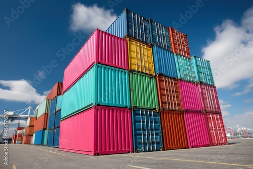 Obraz na płótnie Stacked colorful shipping containers at a port under a clear blue sky. w salonie