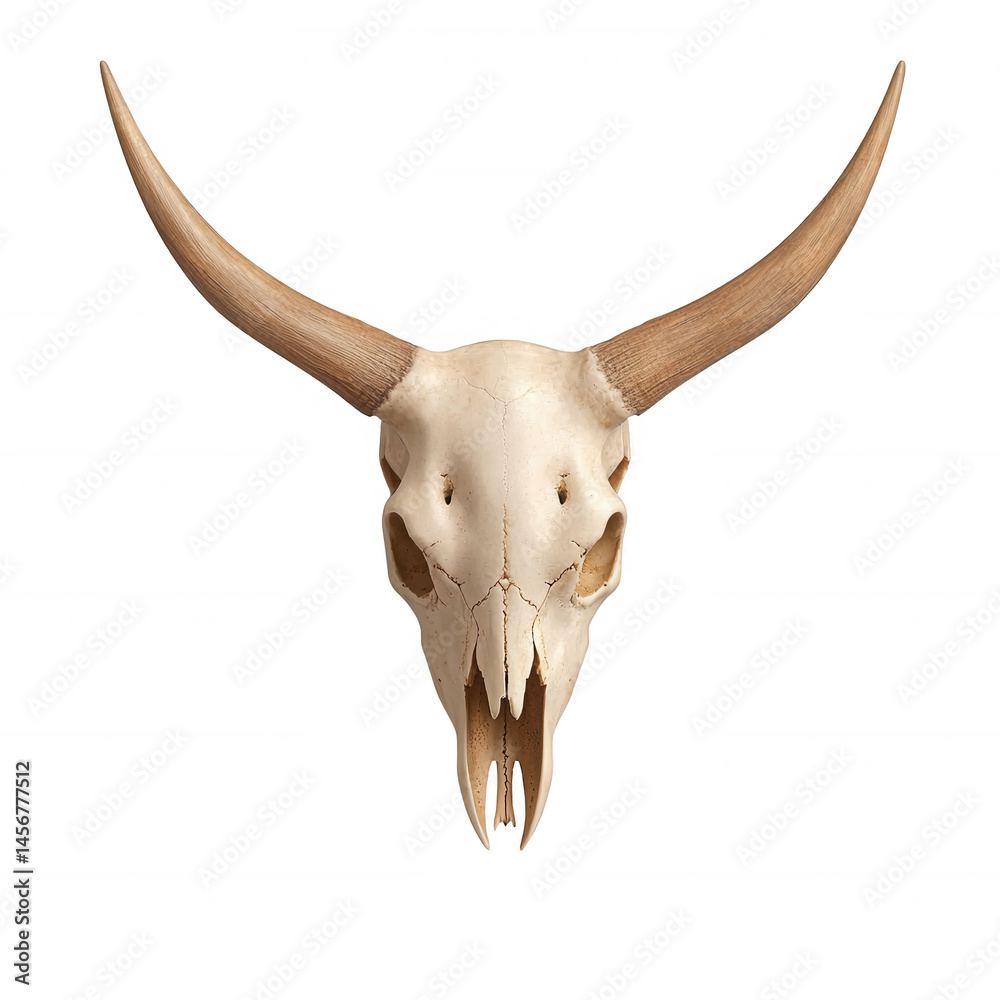 Fototapeta premium Bull skull with prominent horns on a white isolated background, symbolizing strength and resilience in various cultures.