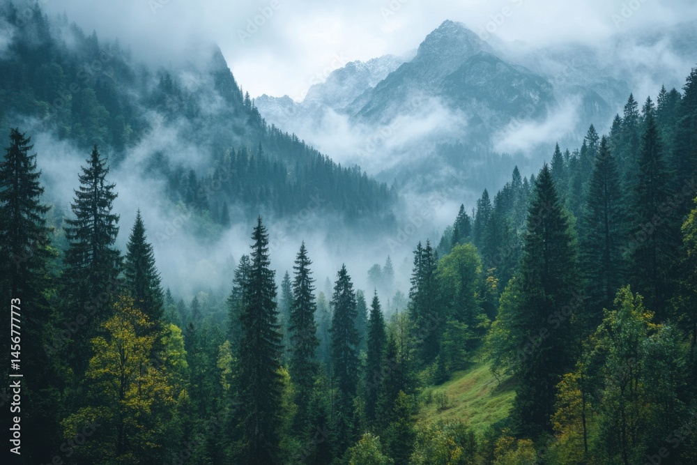 Misty mountains and tranquil forests invite exploration in a serene landscape Misty mountains and tranquil forests invite exploration in a serene landscape