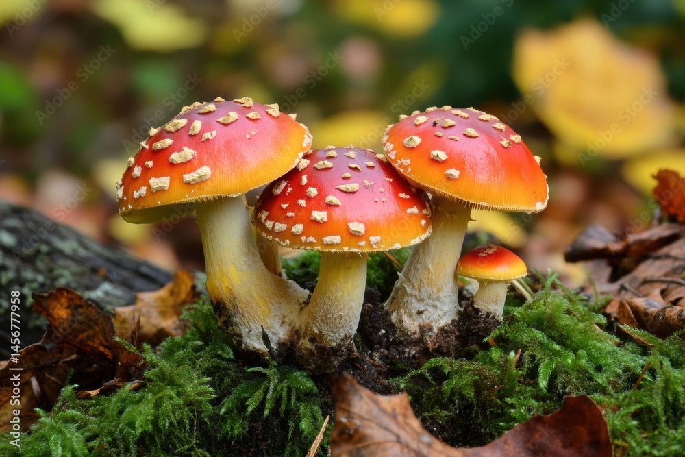 Group of Fly Agaric Mushrooms Growing on Mossy Forest Floor in Autumn Close Up Low Angle View Group of Fly Agaric Mushrooms Growing on Mossy Forest Floor in Autumn Close Up Low Angle View
