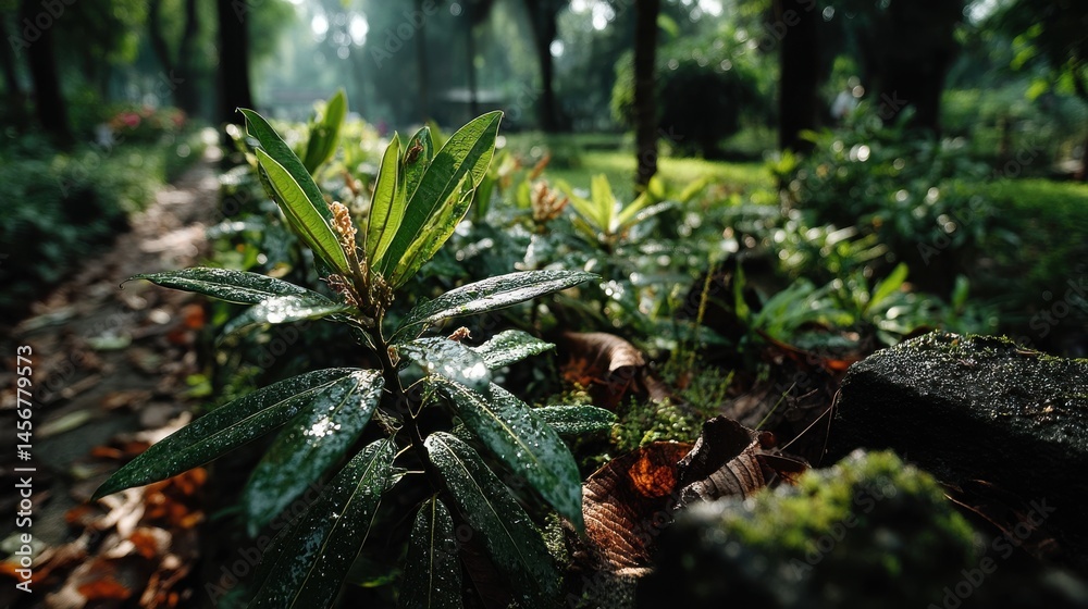 Fototapeta premium a lush green jungle with a leafy green plant in the foreground.stock image