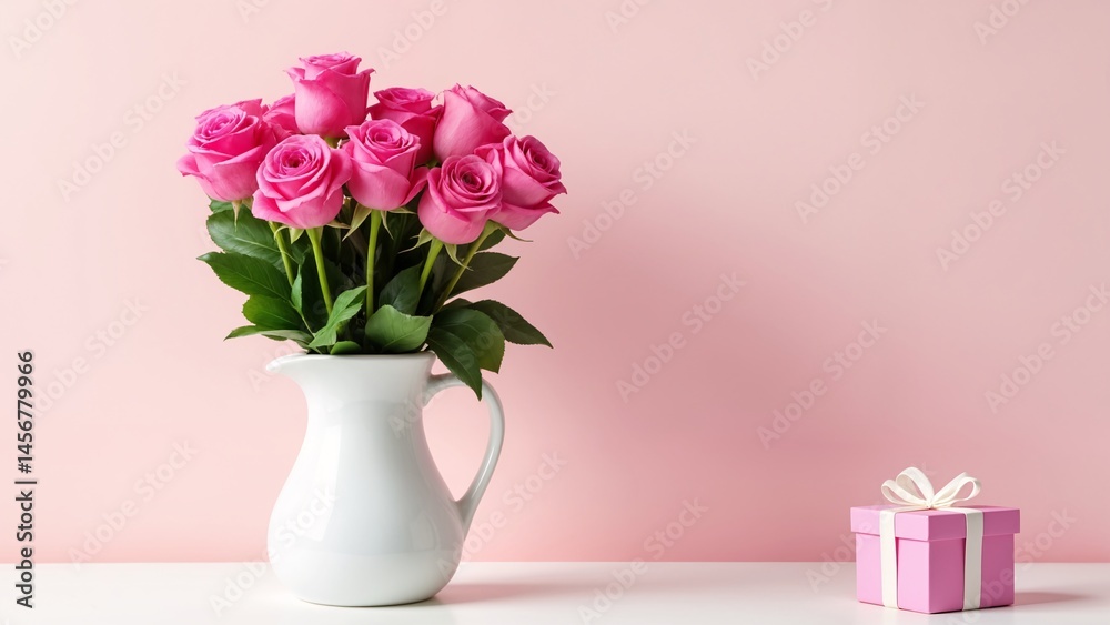 Fototapeta premium A white vase filled with pink roses next to a pink gift box.