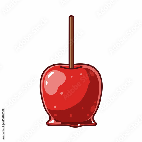 Candy apple illustration with red glaze and a stick, on a white background