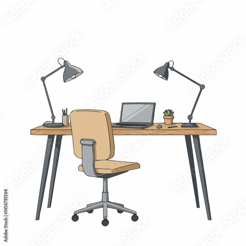 Neat desk set with laptop, two lamps, stationary, chair and potted plant