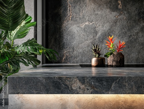 Modern kitchen counter with dark stone and tropical plants.