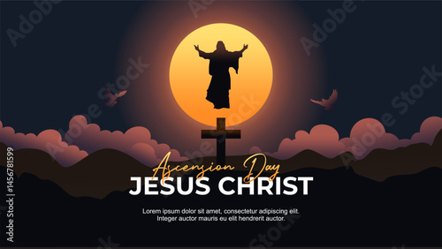 Ascension Day design with Jesus Christ in the sky night horizontal vector illustration. Illustration of the ascension of Jesus Christ with dove and cross for poster, banner, flyer template