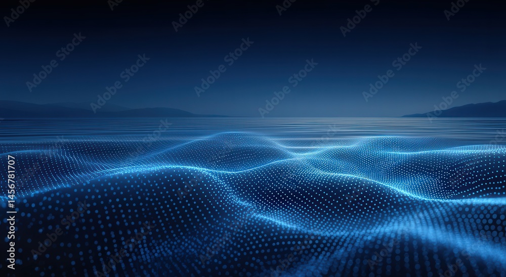 Digital waves of blue light dots form a futuristic landscape under a dark sky, evoking technology and data visualization.
