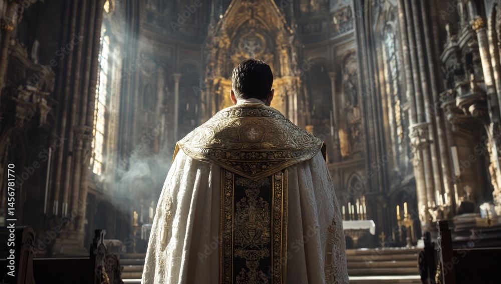 Naklejka premium A Priest in Prayer: Solemnity and Faith within a Grand Cathedral