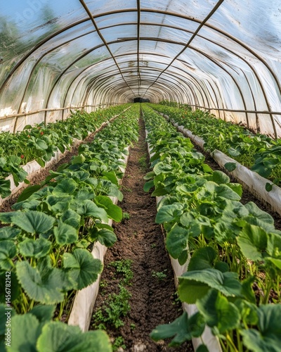 Strawberry plants growing inside a greenhouse low angle view of rows of crops in a polytunnel for commercial production