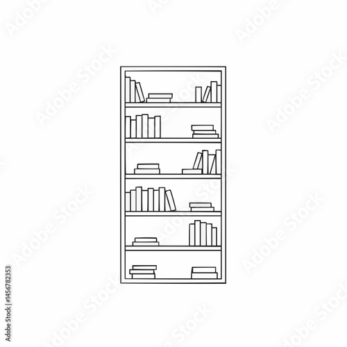 Bookshelf with three shelves filled with various books in a simple outline style