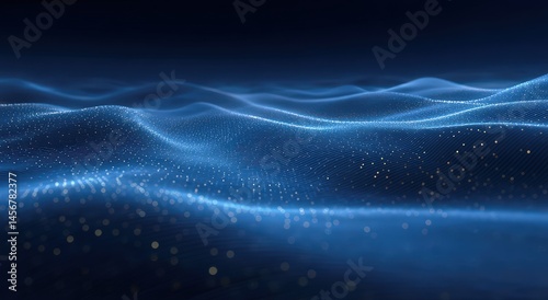 Abstract digital waves with glowing blue dots create a futuristic, flowing landscape in a dark background.
