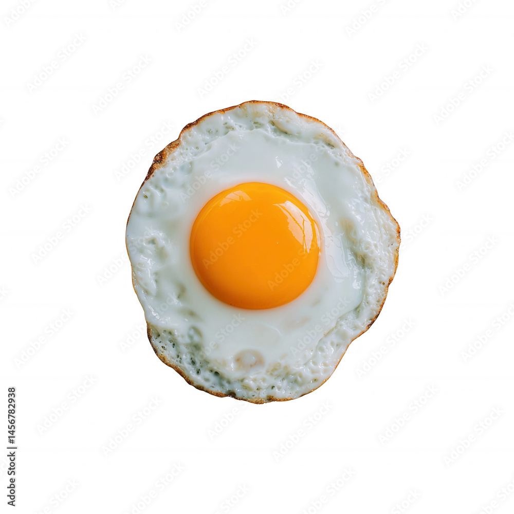 Fried egg with a sunny-side up yolk, set against a white isolated background, capturing the mouthwatering texture and color of this classic breakfast staple. Fried egg with a sunny-side up yolk, set against a white isolated background, capturing the mouthwatering texture and color of this classic breakfast staple.