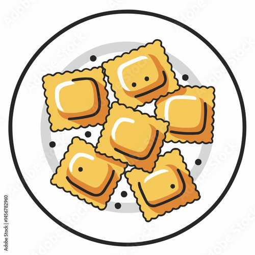 Cartoonish image of delicious pasta on a round, monochrome plate