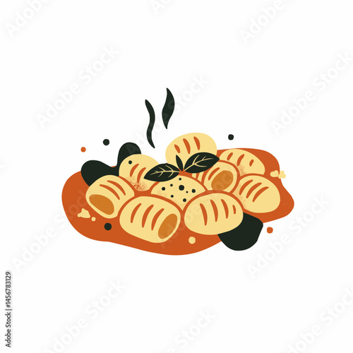 Stylized food design with steam, dark dots, basil leaves and crusty bread shapes