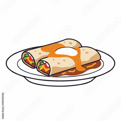 A vibrant, stylized drawing of two generously sauced burrito rolls on a white plate