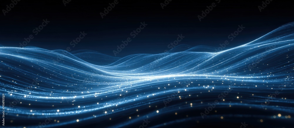 Abstract glowing blue lines create a wavy, futuristic landscape with sparkling light particles on a dark background.