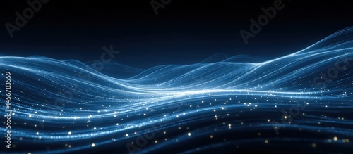 Obraz na płótnie Abstract glowing blue lines create a wavy, futuristic landscape with sparkling light particles on a dark background. w salonie