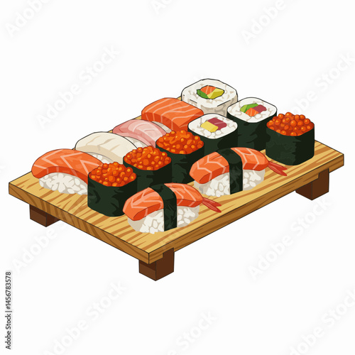 Colorful sushi assortment on wooden plate, including rolls and nigiri with salmon, tuna, roe