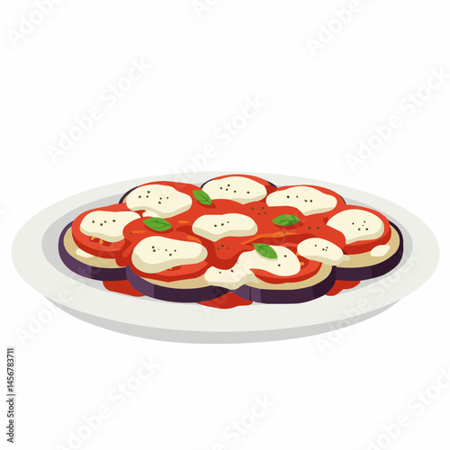 Plate of eggplant parmigiana. Topped with cheese and basil on a plate