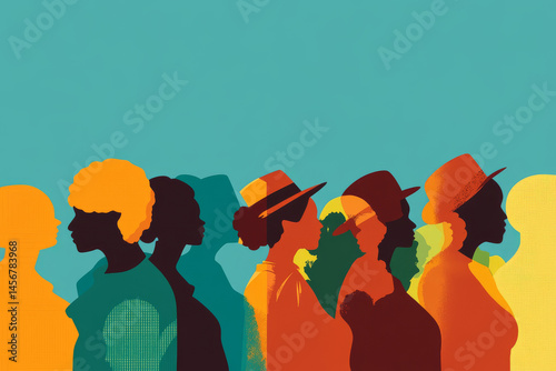 Colorful silhouettes of diverse women wearing hats against turquoise background  