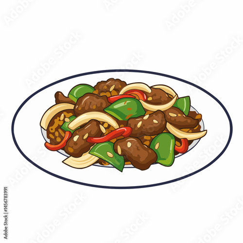 Cartoon style beef with onions and peppers on plate against white background