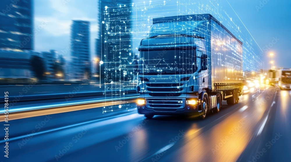 Fototapeta premium Futuristic truck on the highway with digital technology overlay, symbolizing innovation.