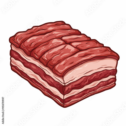 A colorful illustration shows stacked chunks of red-pink raw meat, ready to prepare