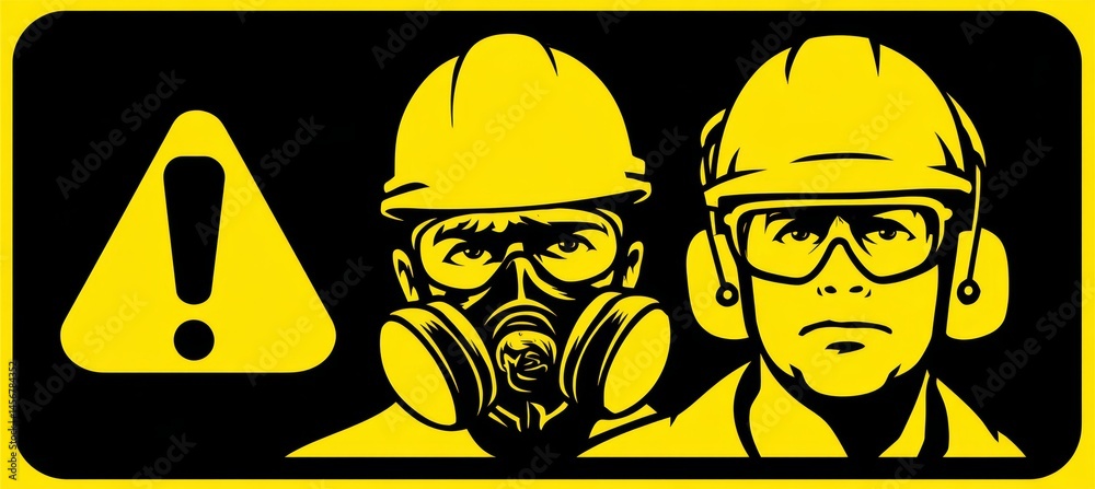 Worker wearing helmet and gas mask sign banner. Labor day or Mayday celebration event. Generative AI technology.