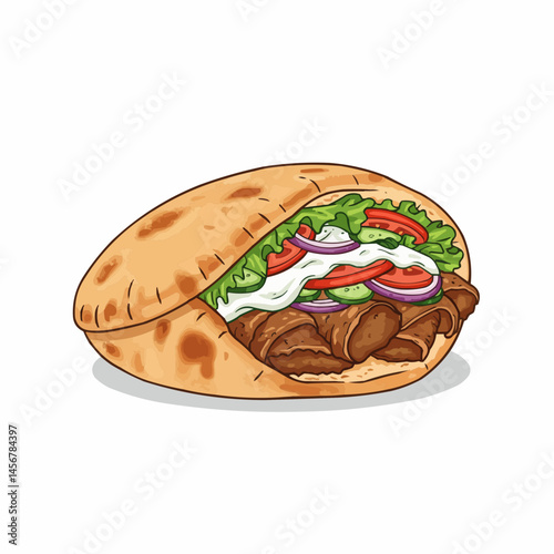 Cartoon pita sandwich with salad, tomatoes, onions, and white sauce filling
