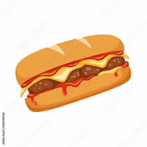 Cartoon sandwich with meatballs, cheese, and tomato sauce on a long roll