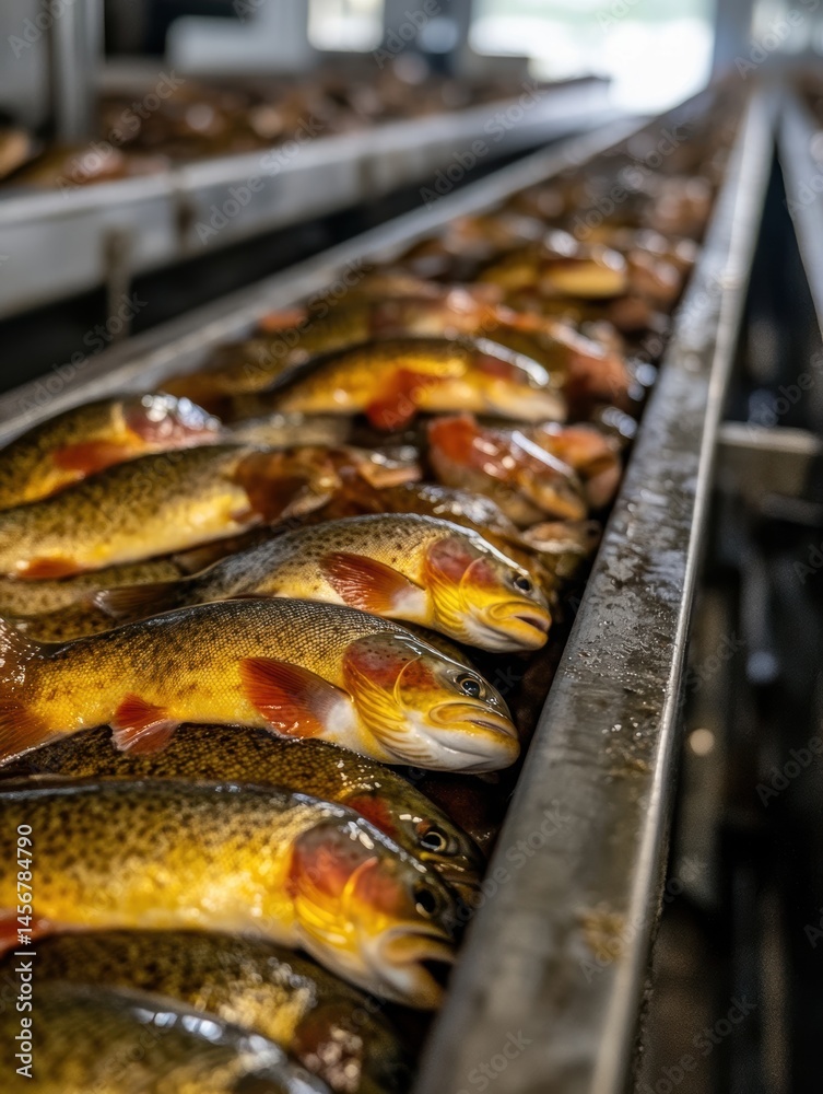 Fresh Golden Trout on Conveyor Belt at Fish Farm Close Up Industrial Processing Aquaculture Production Fresh Golden Trout on Conveyor Belt at Fish Farm Close Up Industrial Processing Aquaculture Production