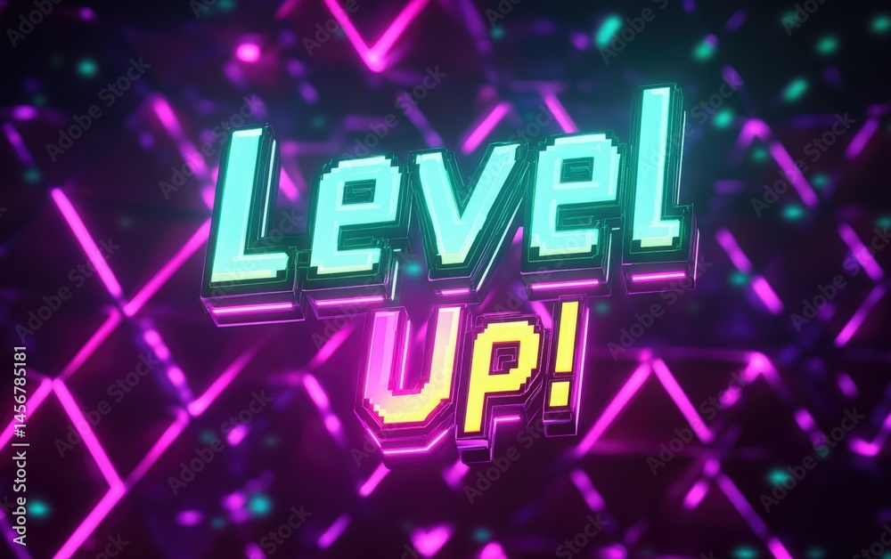 Obraz premium Retro pixel art Level Up video game screen with neon triangles and glowing arcade design