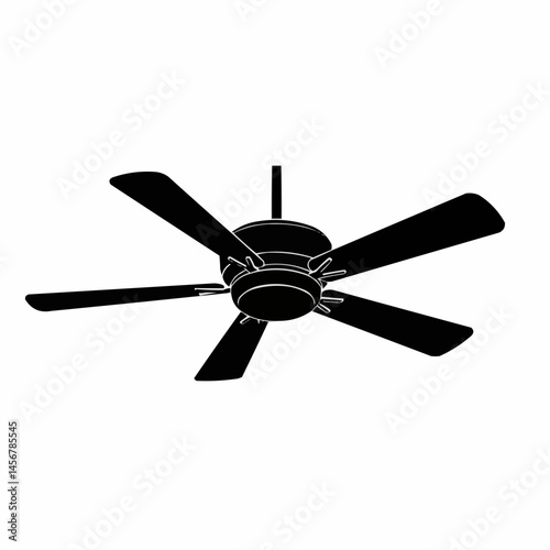 A black and white image of a ceiling fan with three blades, silhouetted against the background