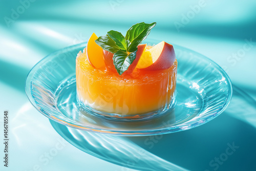 Peach Jelly with Mint Garnish. Vibrant peach jelly topped with mint leaves on a glass plate. Perfect for summer-themed designs and food-related projects.