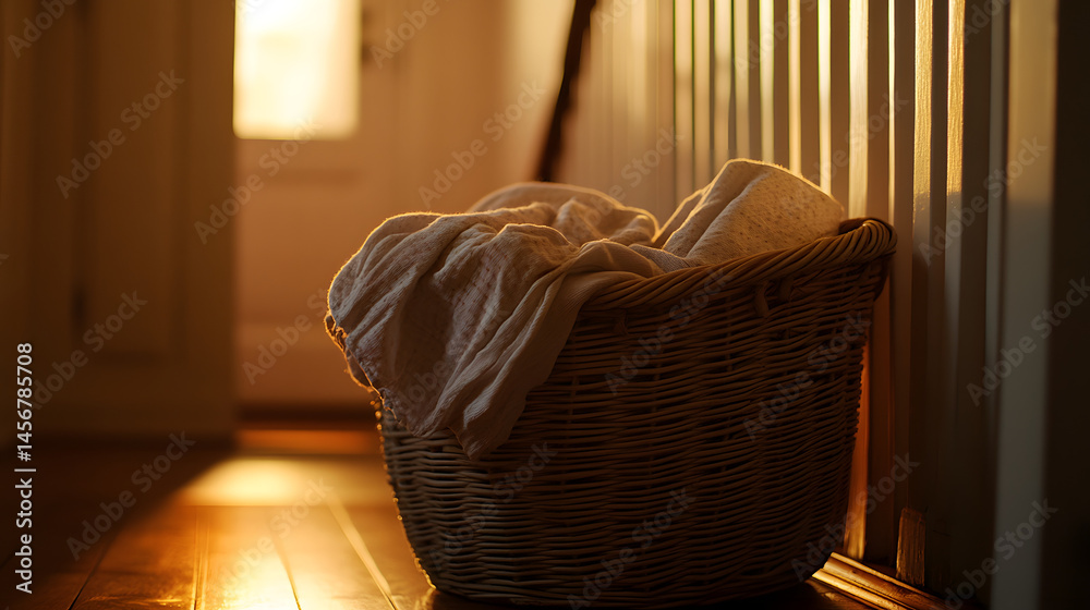 Laundry Basket in Sunlit Hallway: A wicker laundry basket overflowing with freshly laundered white linen sits in a sunlit hallway, casting warm shadows on the wooden floor. Laundry Basket in Sunlit Hallway: A wicker laundry basket overflowing with freshly laundered white linen sits in a sunlit hallway, casting warm shadows on the wooden floor.