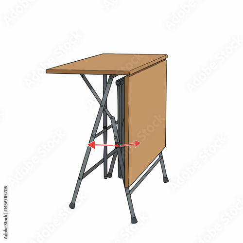 A drawing of a brown folding table with metal legs and a compact design