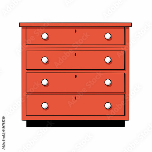 Cartoon red dresser with drawers, round handles, and small lock holes on a white background