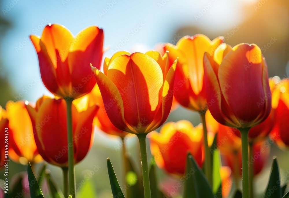 Vibrant orange and yellow tulips blooming in a sunny garden setting Vibrant orange and yellow tulips blooming in a sunny garden setting